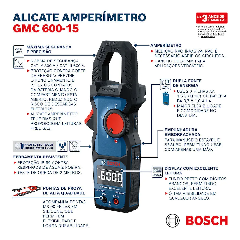 Alicate Amperímetro TRMS Bosch GMC 600-15