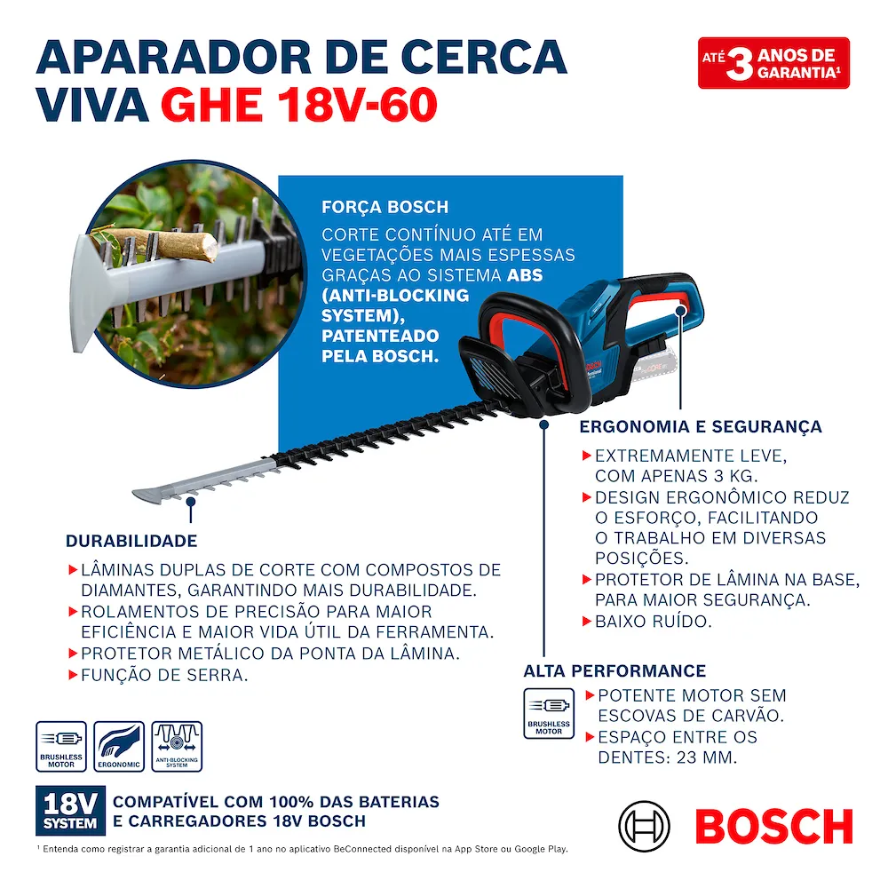 Aparador de cerca viva Bosch GHE 18V-60 Brushless Sem bateria