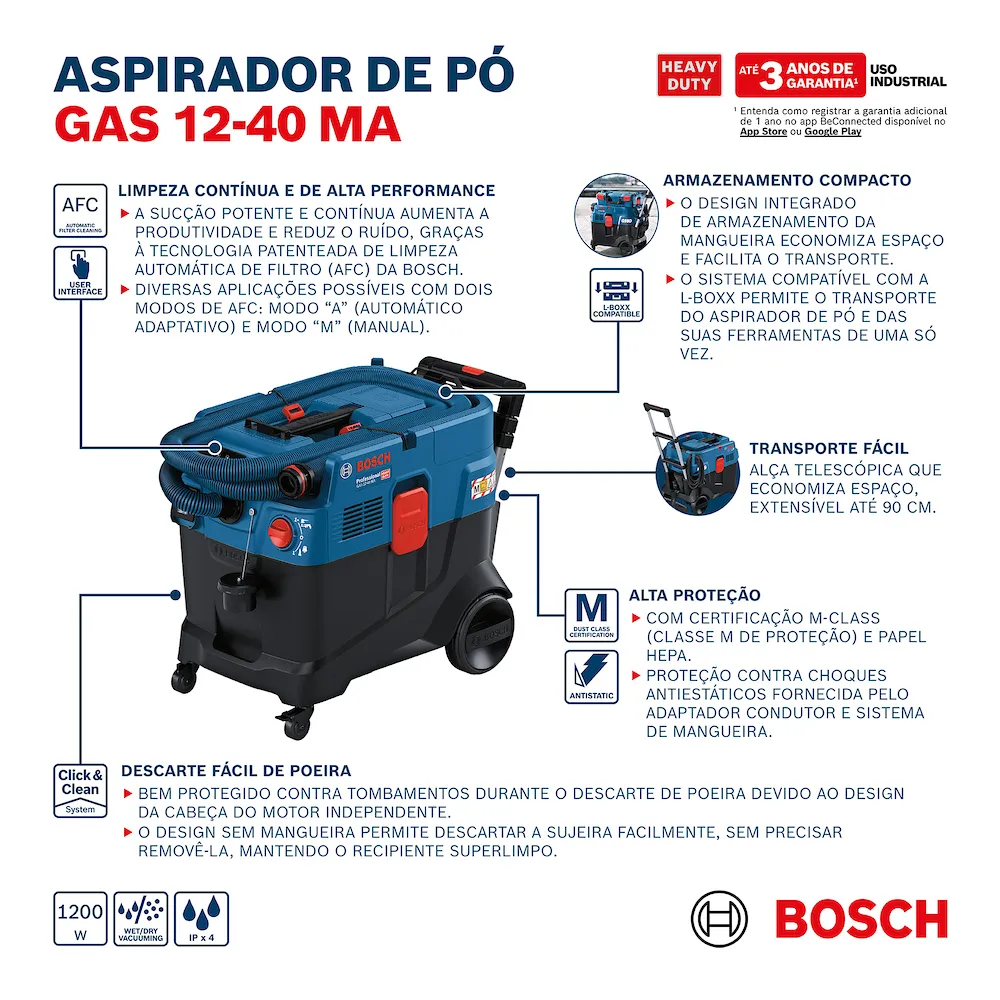Aspirador de Pó Bosch GAS 12-40 MA, 1200W