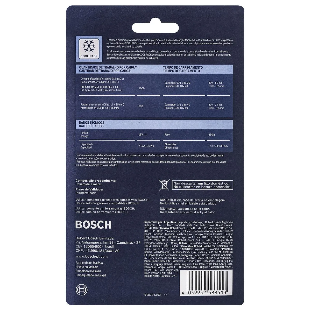 Bateria de Íons de Lítio 18V Bosch GBA 18V 2,0Ah
