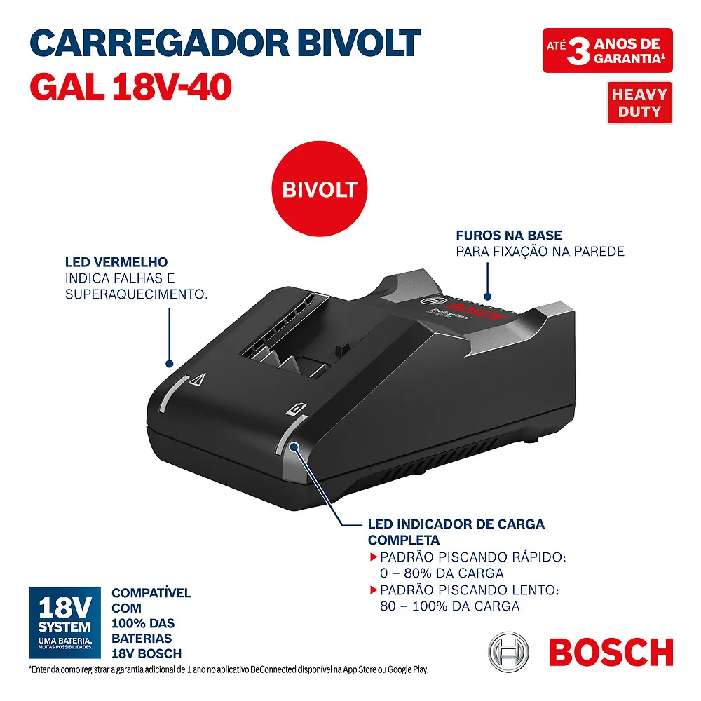 Carregador de baterias rápido Bosch GAL 18V-40 Bivolt 18V 4Ah