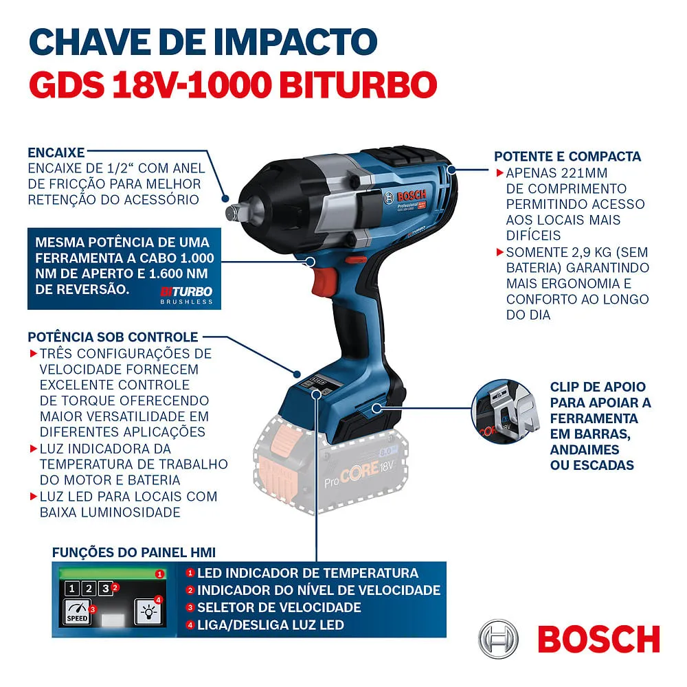 Chave de Impacto Bosch GDS 18V-1000 BITURBO Brushless Sem bateria