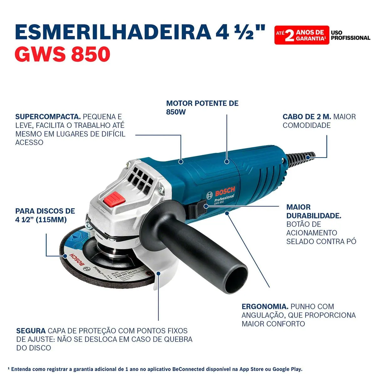 Esmerilhadeira Angular de 4 1/2" Bosch GWS 850, 850W