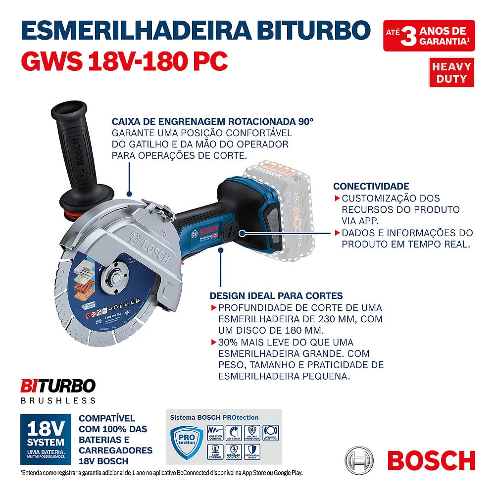 Esmerilhadeira Bosch Brushless GWS 18V-180 PC 1500W Sem bateria