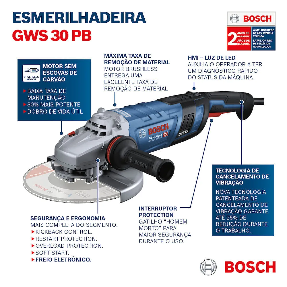 Esmerilhadeira Brushless Bosch GWS 30-230 PB 2800W 220V