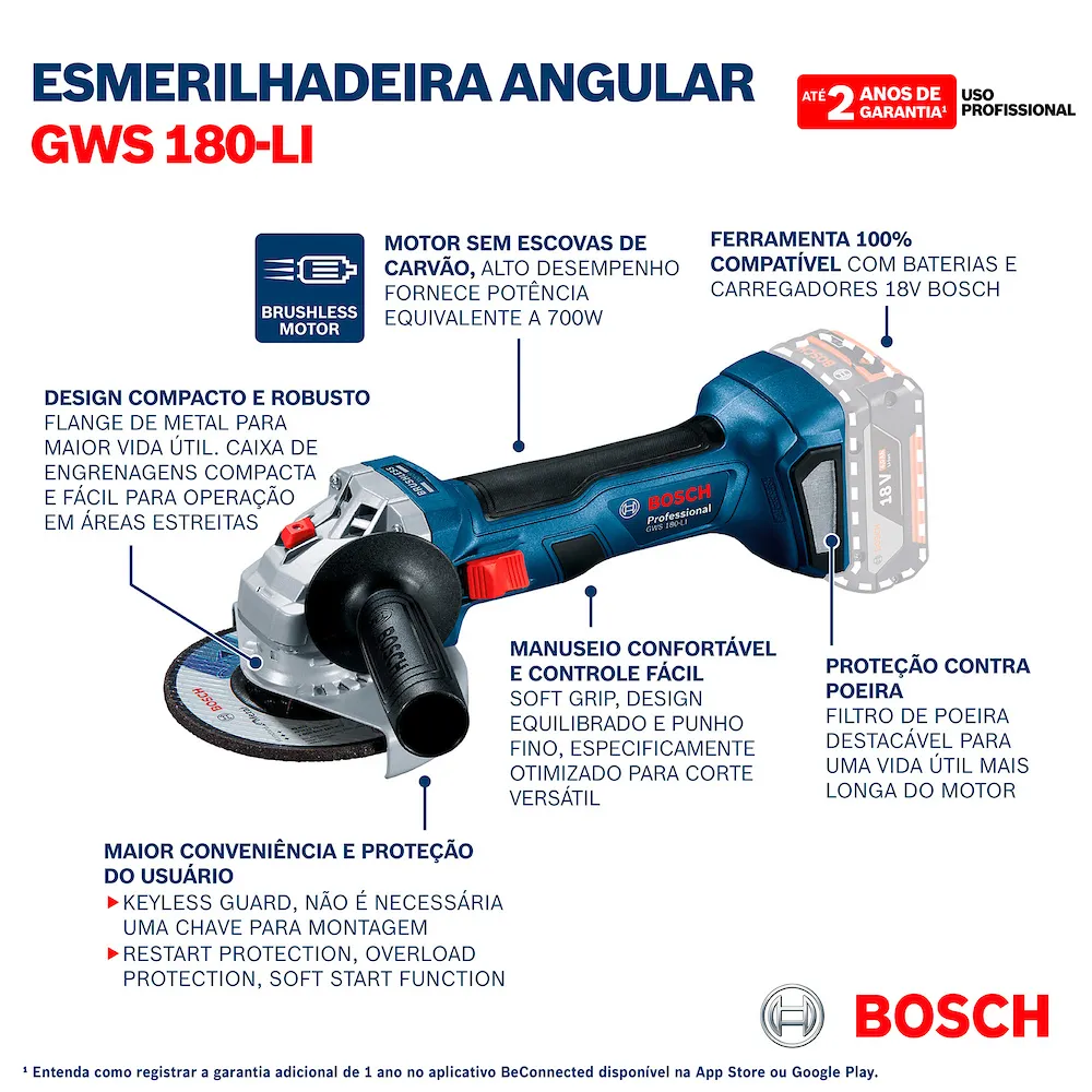 Esmerilhadeira à bateria Bosch GWS 180-LI Brushless 18V 2B+Mal