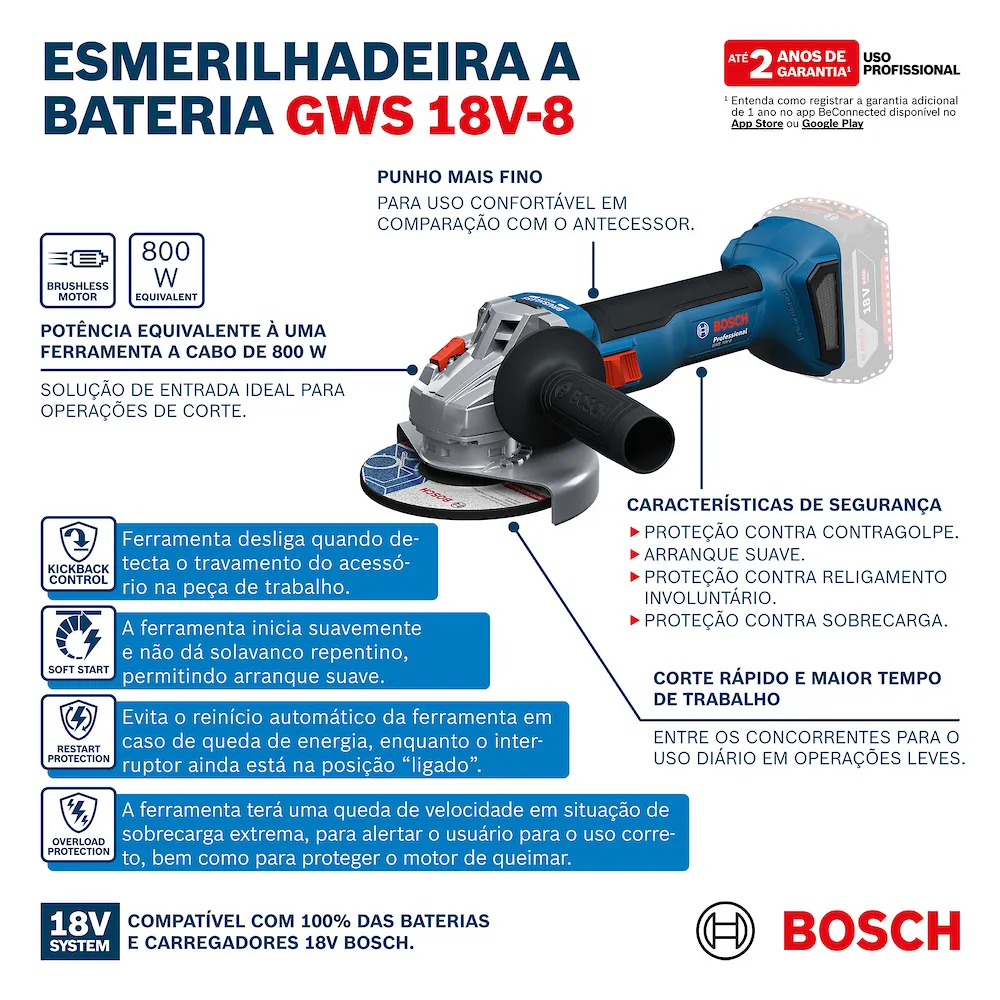 Esmerilhadeira a bateria Bosch GWS 18V-8 11000rpm 115/125mm