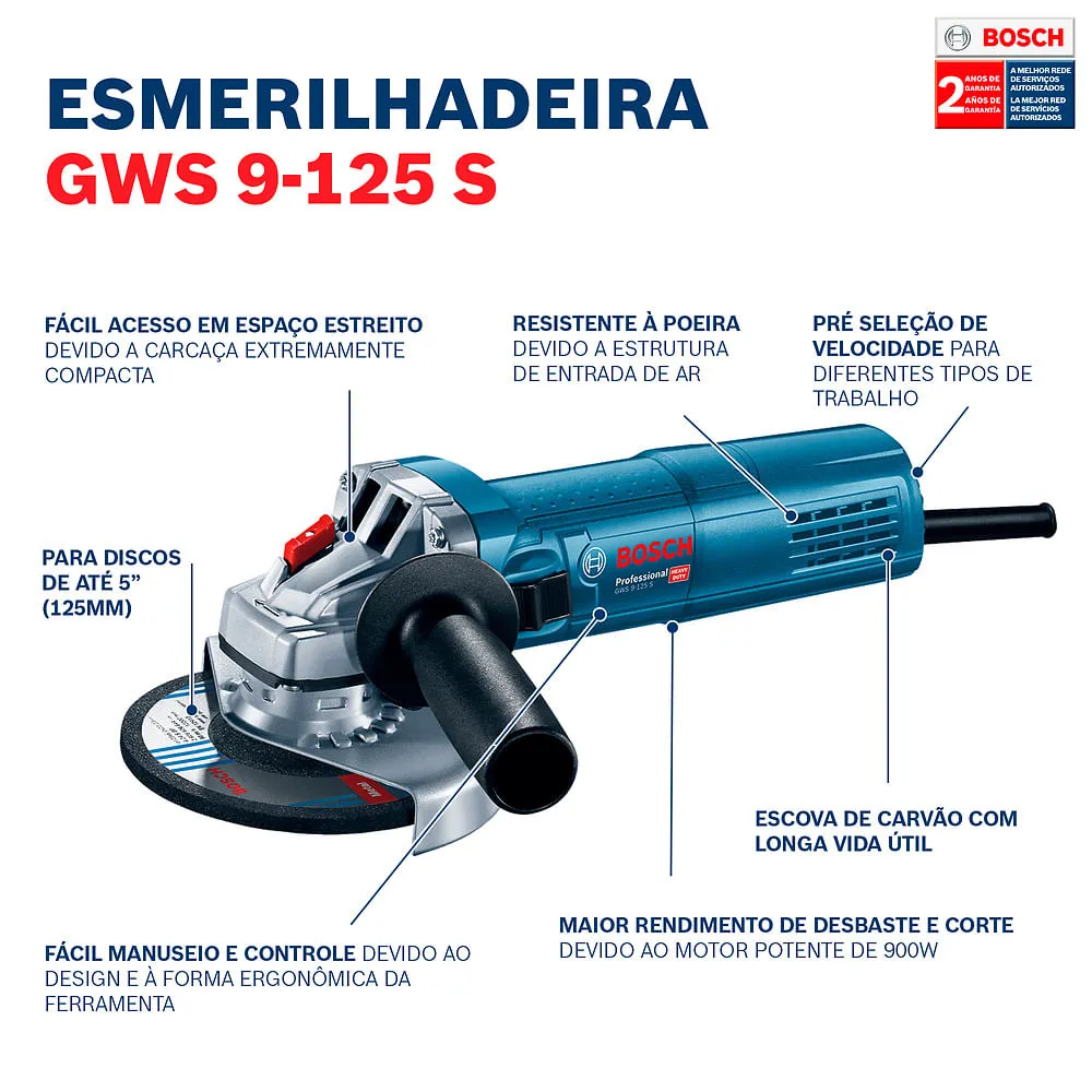 Esmerilhadeira angular Bosch GWS 9-125 S, 1,7kg, 900 W