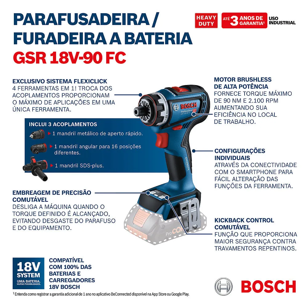 Furadeira e parafusadeira Bosch GSR 18V-90 FC Brushless Sem bateria