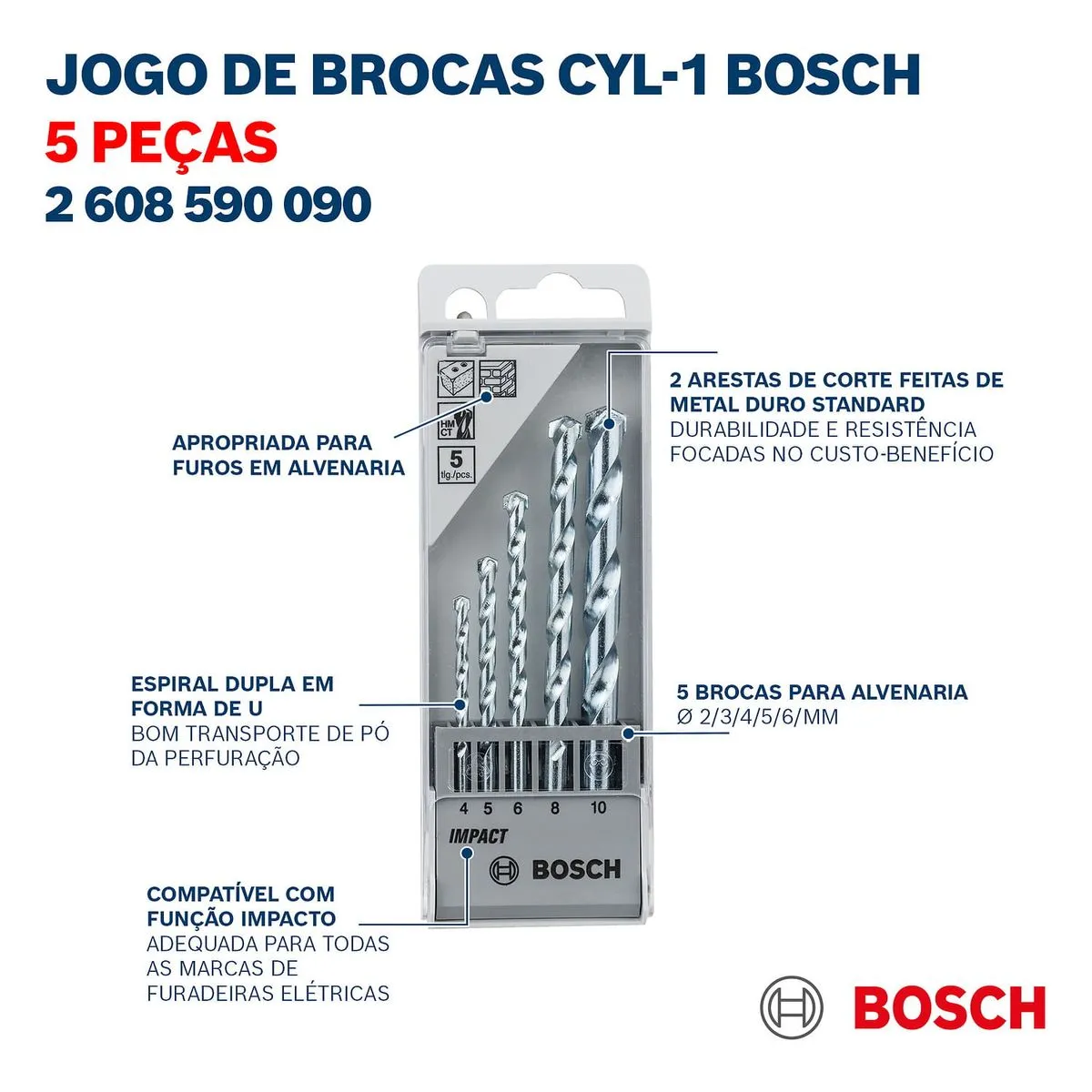 Jogo Broca para alvenaria Bosch CYL-1 Ø4-5-6-8-10 mm