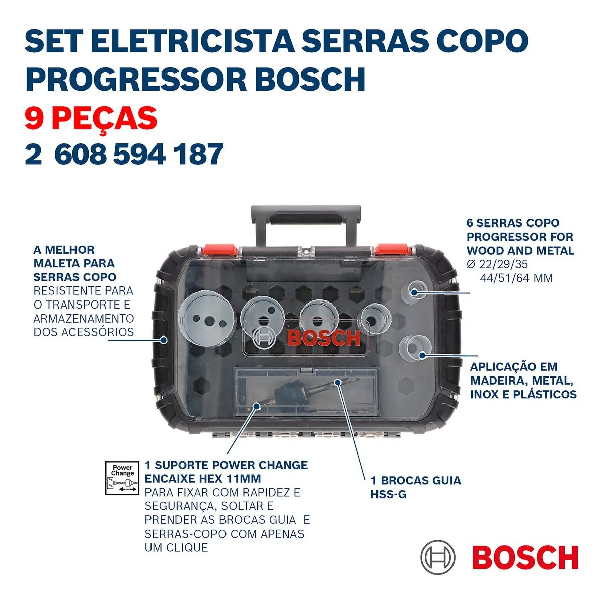Jogo serra copo Bosch Progressor for Wood and metal 9 peças