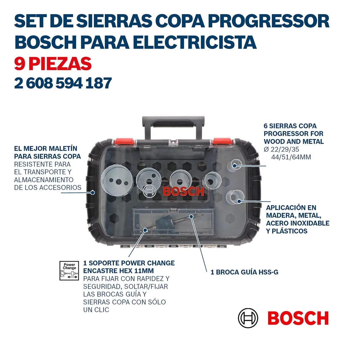 Jogo serra copo Bosch Progressor for Wood and metal 9 peças