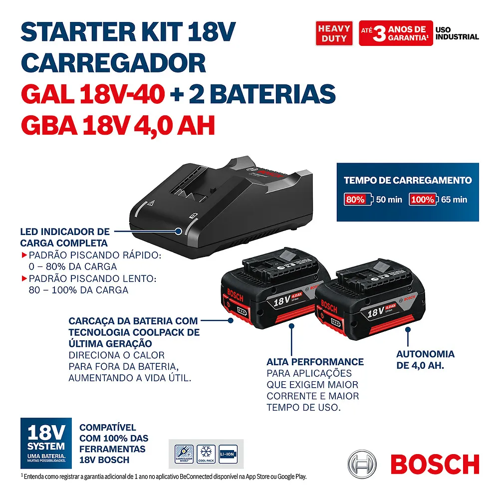Kit 2 Baterias GBA 18V 4Ah + Carregador Bosch GAL18V-40 Bivolt