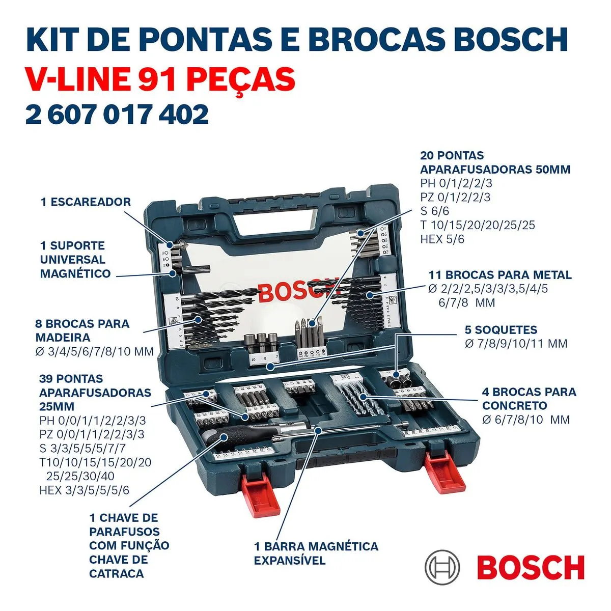 Kit de pontas e brocas em Titânio Bosch V-Line 91 peças