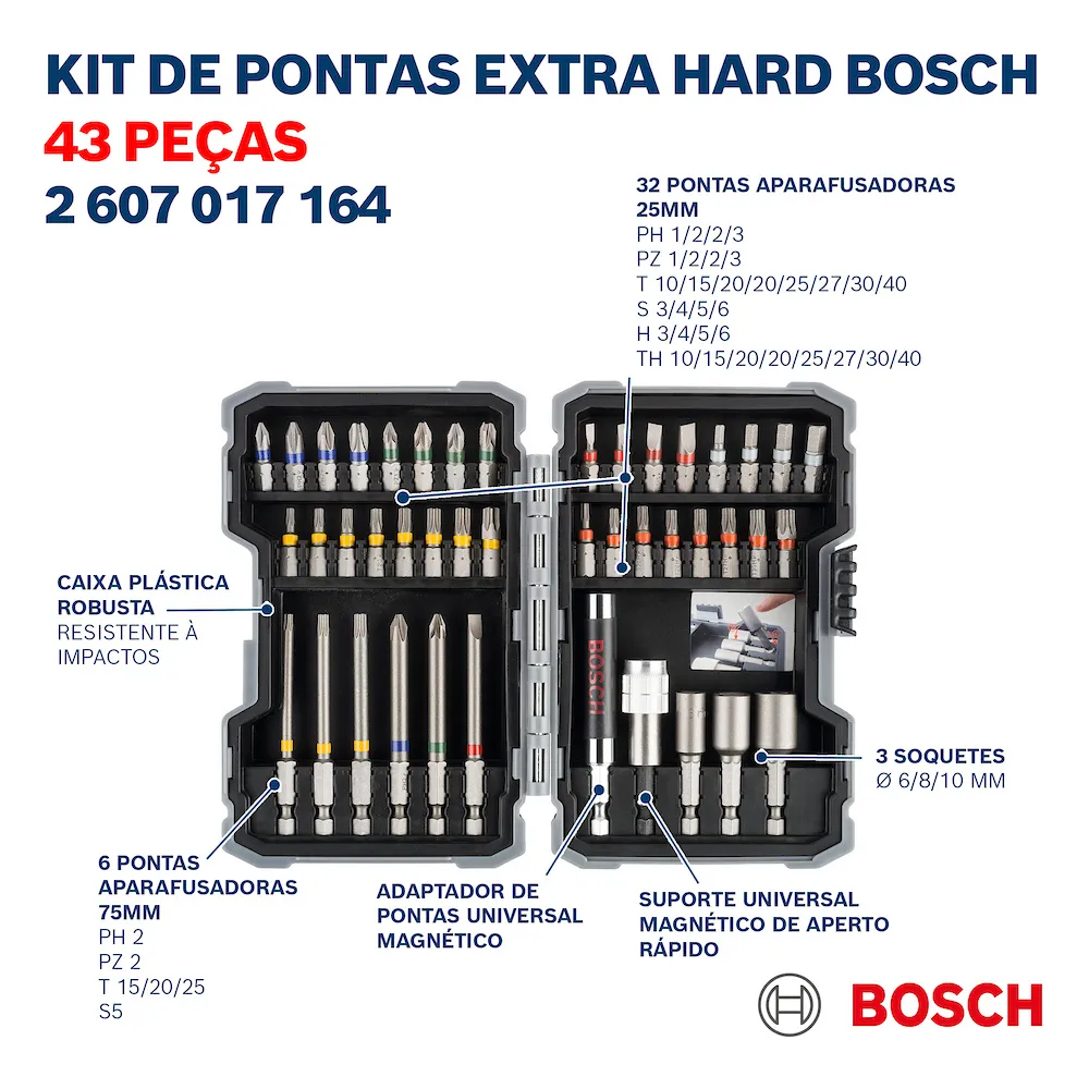 Kit de pontas e soquetes Bosch Extra Hard com 43 peças