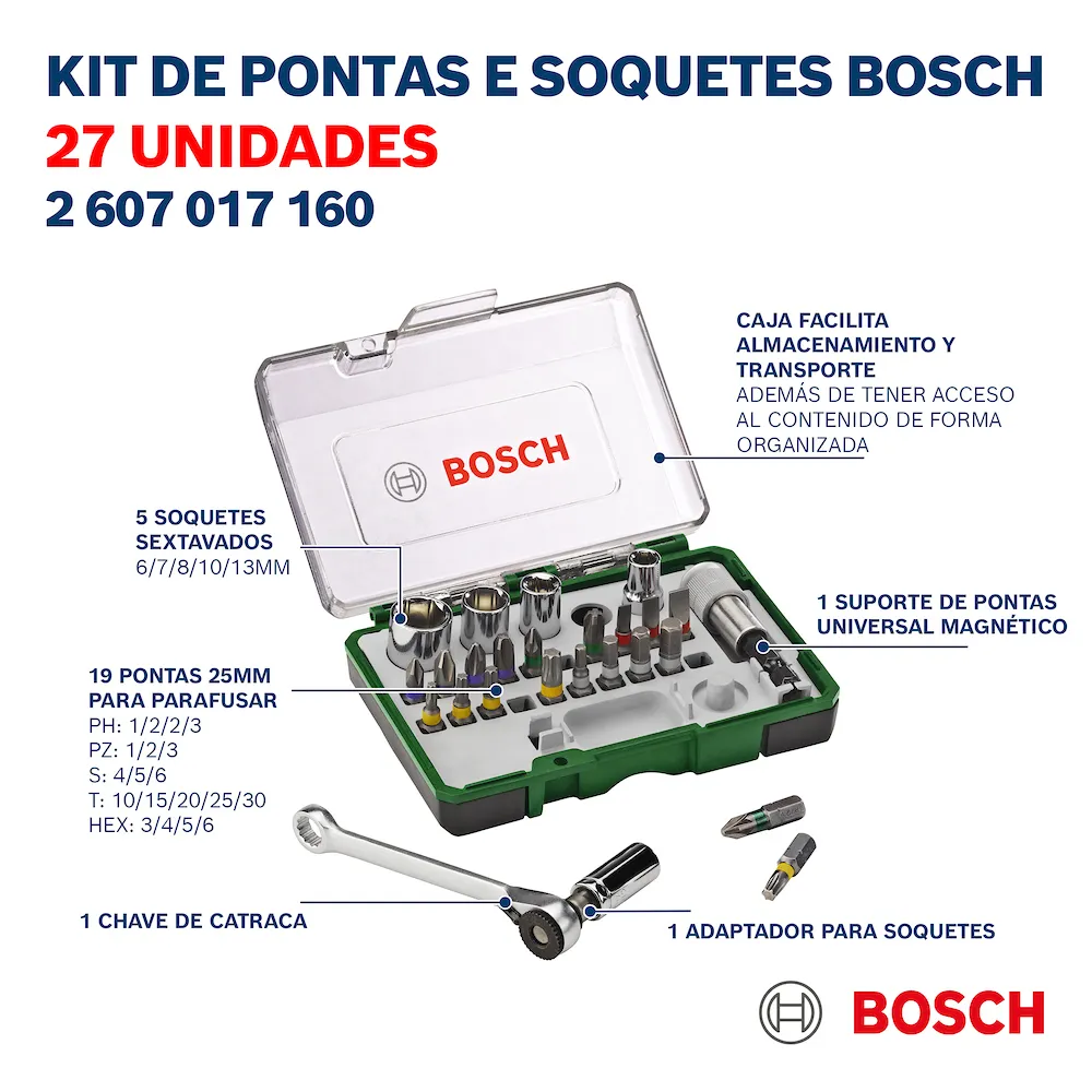 Kit de pontas e soquetes para parafusar Bosch com 27 peças