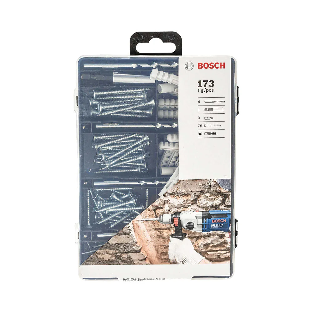 Kit fixação Bosch c/brocas, pontas, parafusos e pregos 173pçs