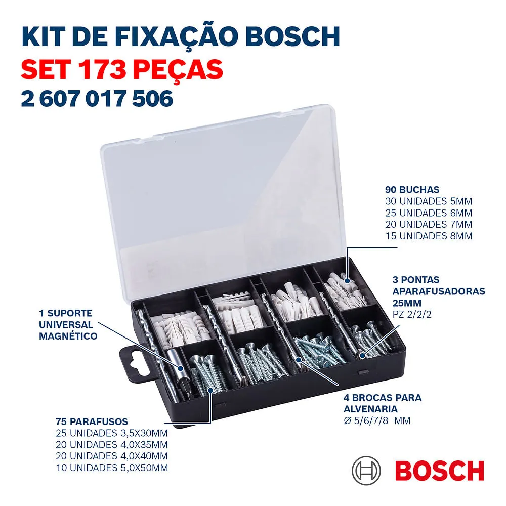Kit fixação Bosch c/brocas, pontas, parafusos e pregos 173pçs