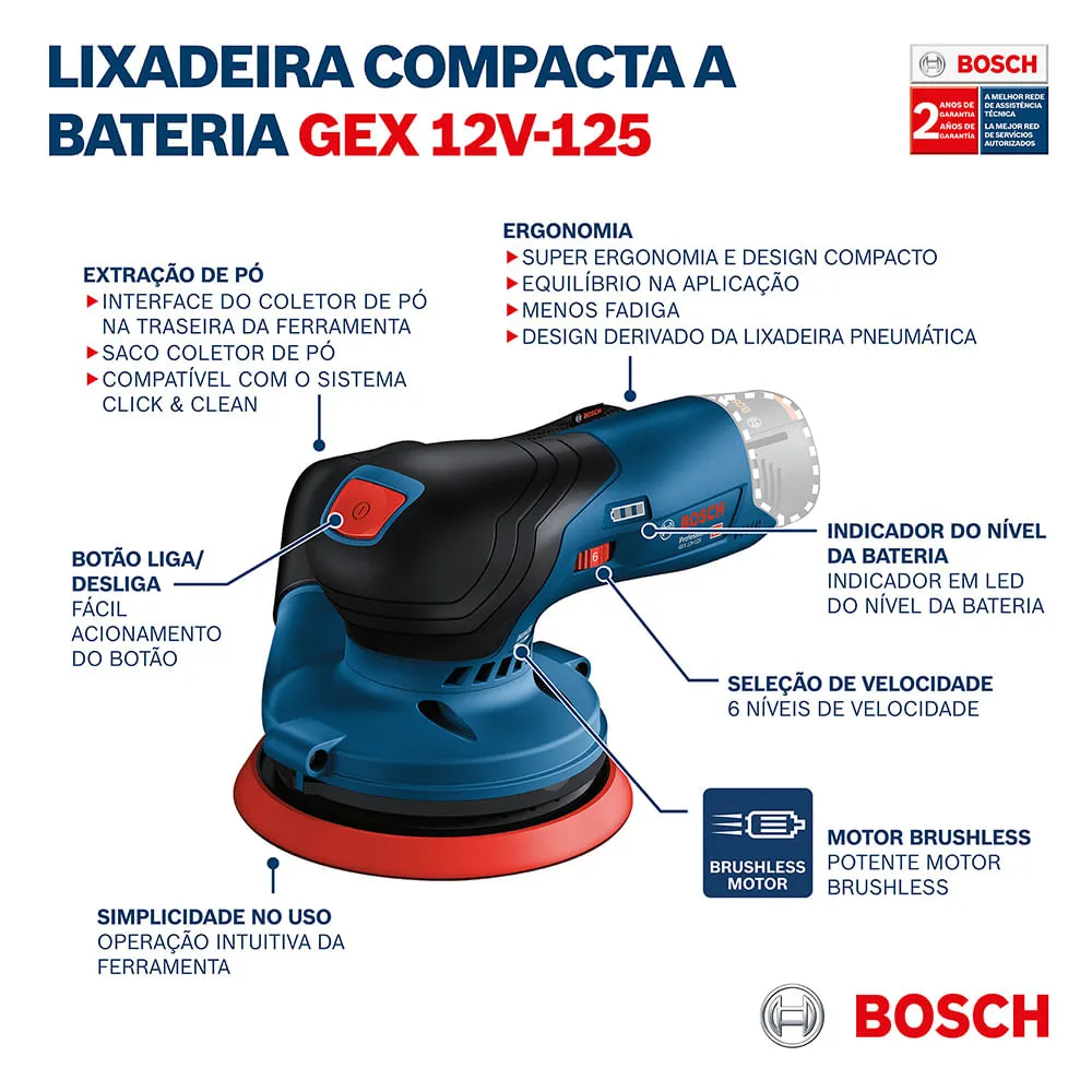Lixadeira roto orbital Bosch GEX 12V-125 Brushless Sem bateria