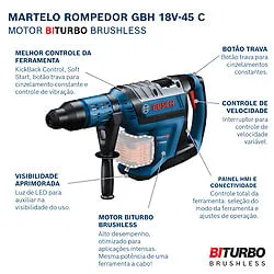 Martelete Bosch GBH 18V-45 C BITURBO Brushless em maleta Sem bateria