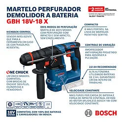 Martelete Perfurador Bosch GBH 18V-18 X + kit bateria + maleta