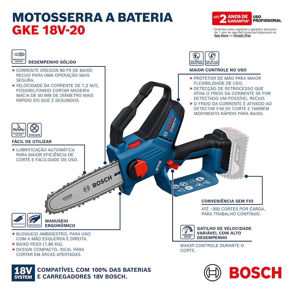 Motosserra a bateria Bosch GKE 18V- 20 Brushless sem bateria