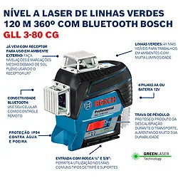Nível a laser de linhas verdes Bosch GLL 3-80 CG, maleta
