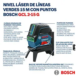 Nível a laser verde Bosch GCL 2-15 G 15m, suporte e maleta