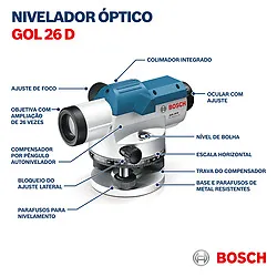 Nível óptico Bosch GOL 26 D, zoom de 26x, em maleta