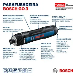 Parafusadeira 3,6 V Bosch Go3 5Nm 360rpm 1 ponta+estojo