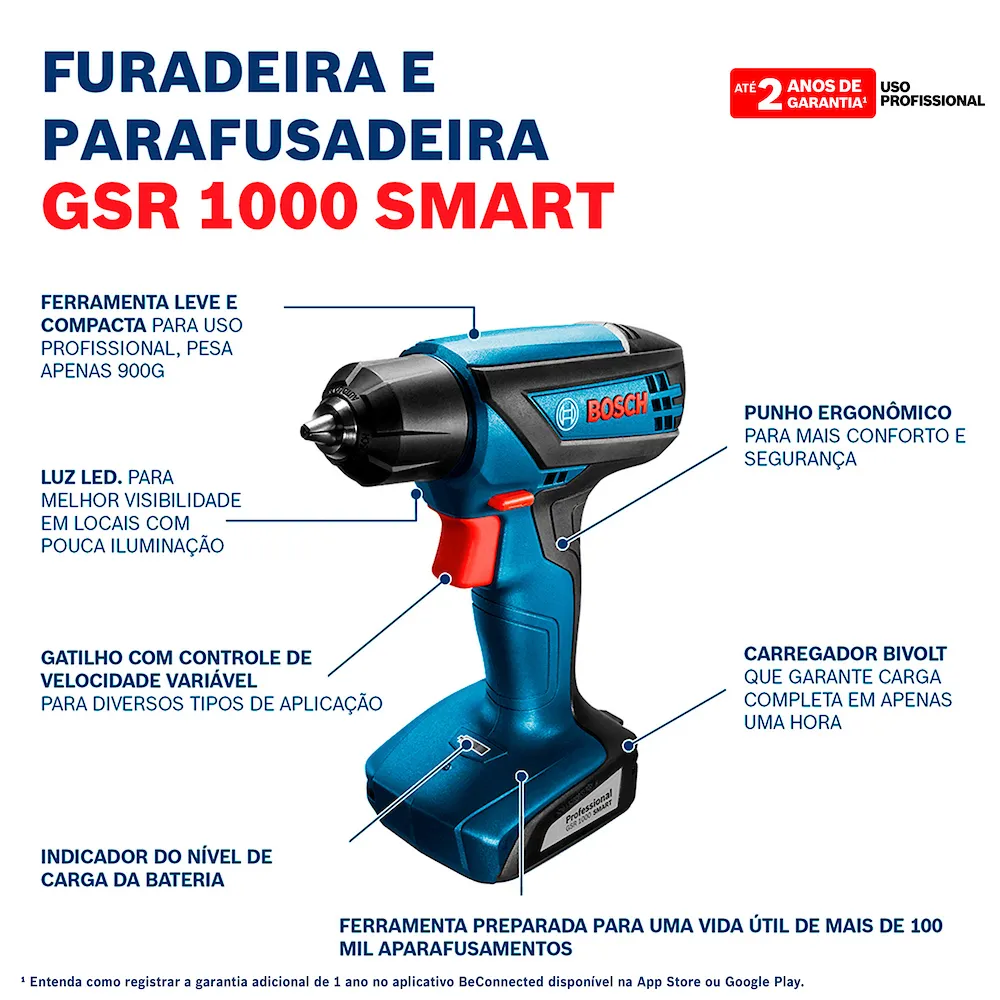 Parafusadeira Furadeira Bosch GSR 1000 Smart 12V bateria e maleta