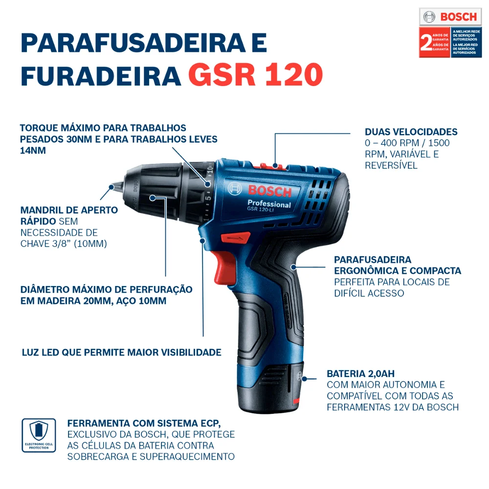 Parafusadeira Furadeira Bosch GSR 120-LI 12V 2 Baterias e maleta