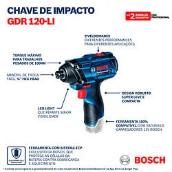Parafusadeira de impacto Bosch GDR 120-LI, 12V, 2 baterias e maleta