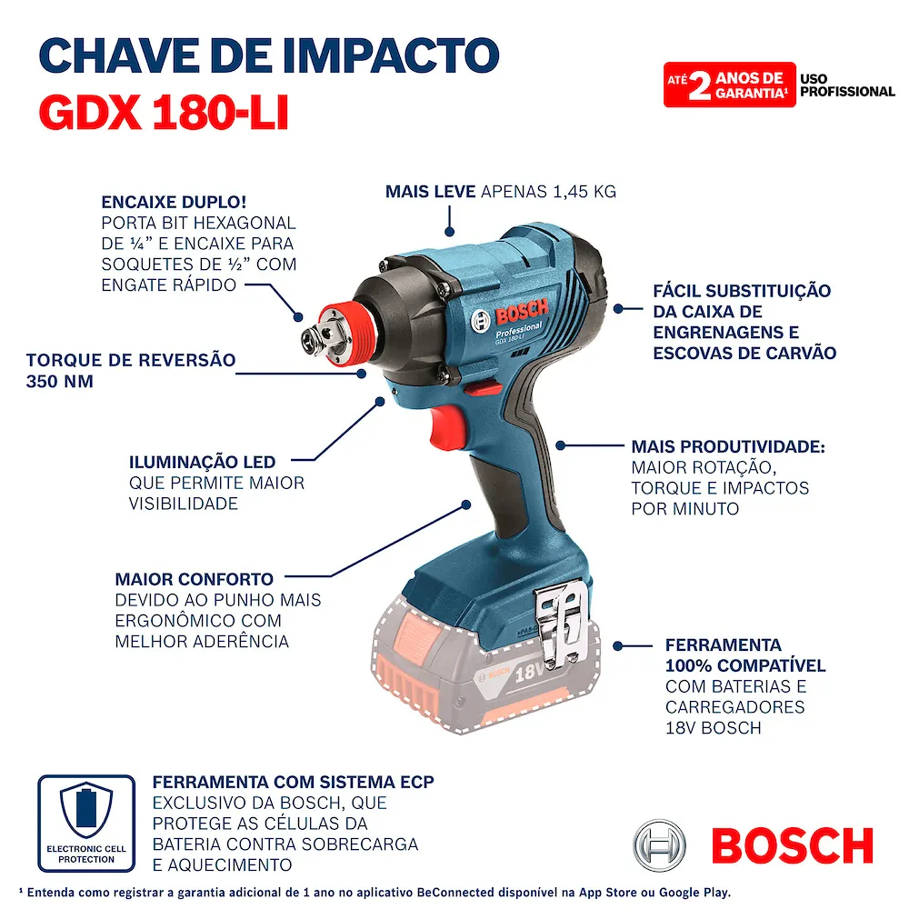 Parafusadeira e chave de impacto Bosch GDX 180-LI, 2 baterias 18V e maleta