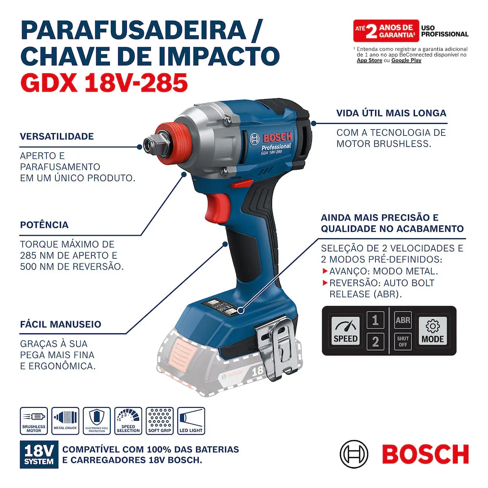 Parafusadeira e chave de impacto Bosch GDX 18V-285 285Nm 2800rpm 2B+MAL
