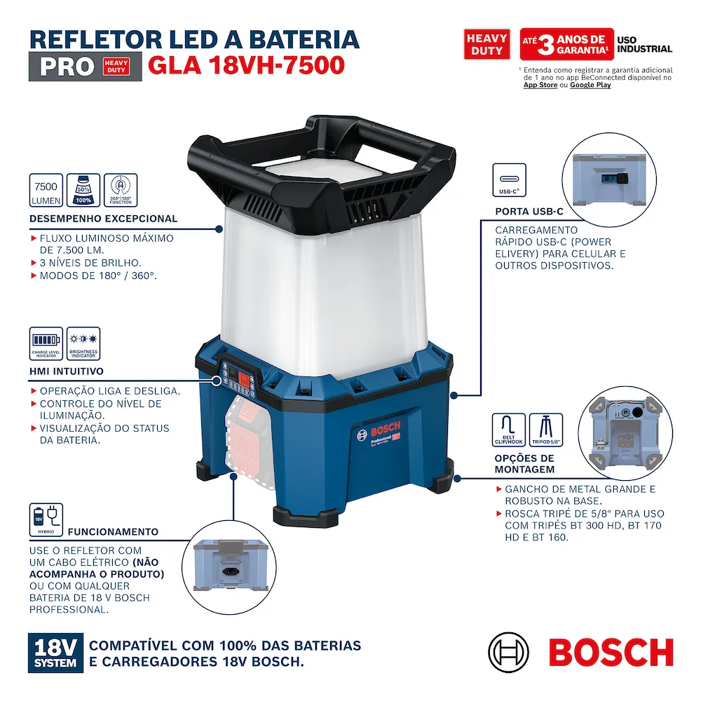 Refletor LED a bateria Bosch GLA 18VH-7500 sem bateria