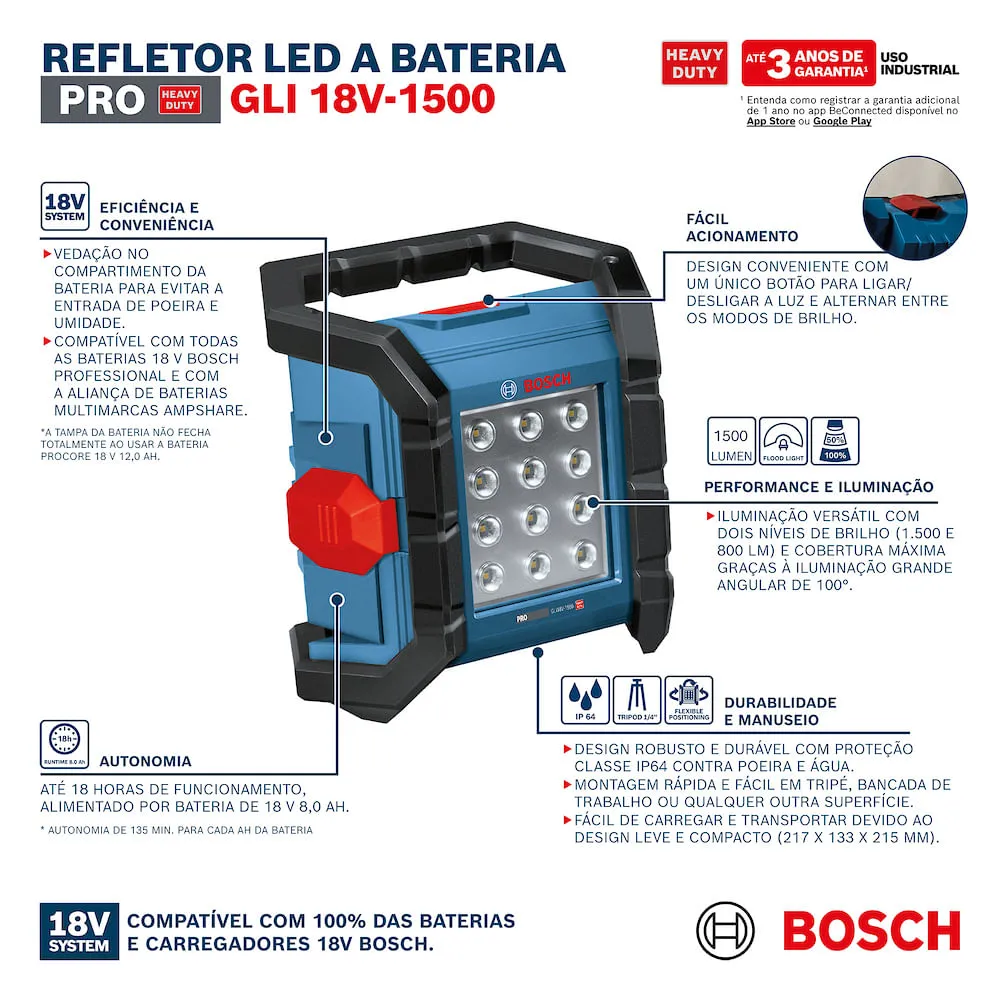 Refletor LED a bateria Bosch GLI 18V-1500 sem bateria