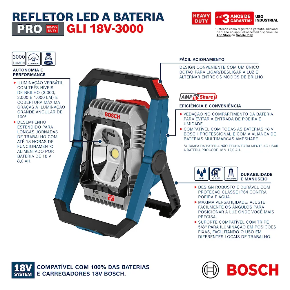 Refletor LED a bateria Bosch GLI 18V-3000 sem bateria