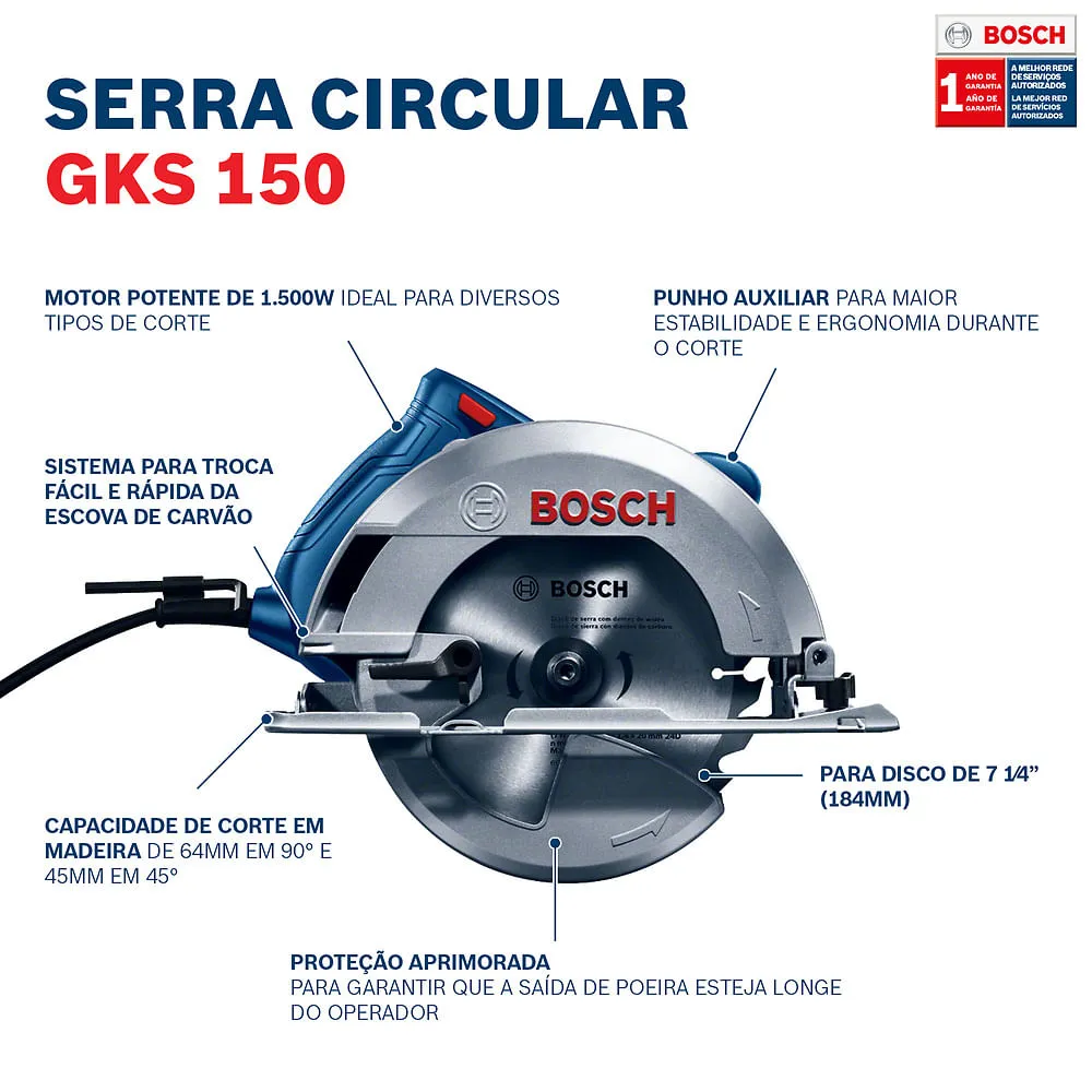 Serra Circular Bosch GKS 150 1500W + Bolsa, disco e guia