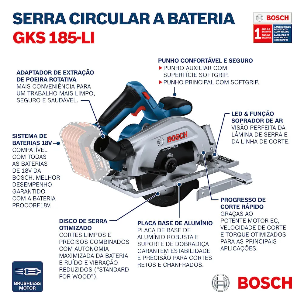 Serra Circular Bosch GKS 185-LI 18V com disco Sem bateria