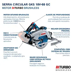 Serra Circular Bosch GKS 18V-68 GC Brushless 1800W Disco Sem bateria