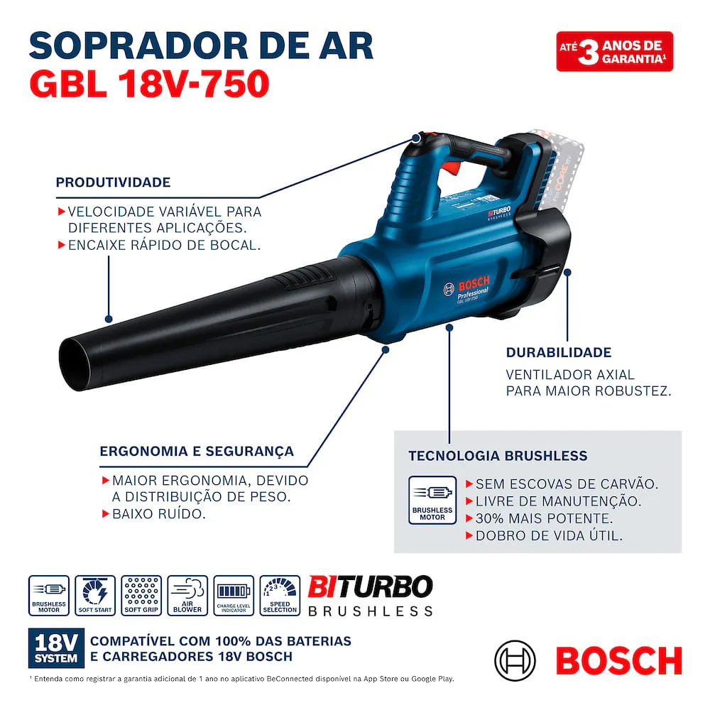Soprador de ar Bosch GBL 18V-750 Brushless BiTurbo Sem bateria