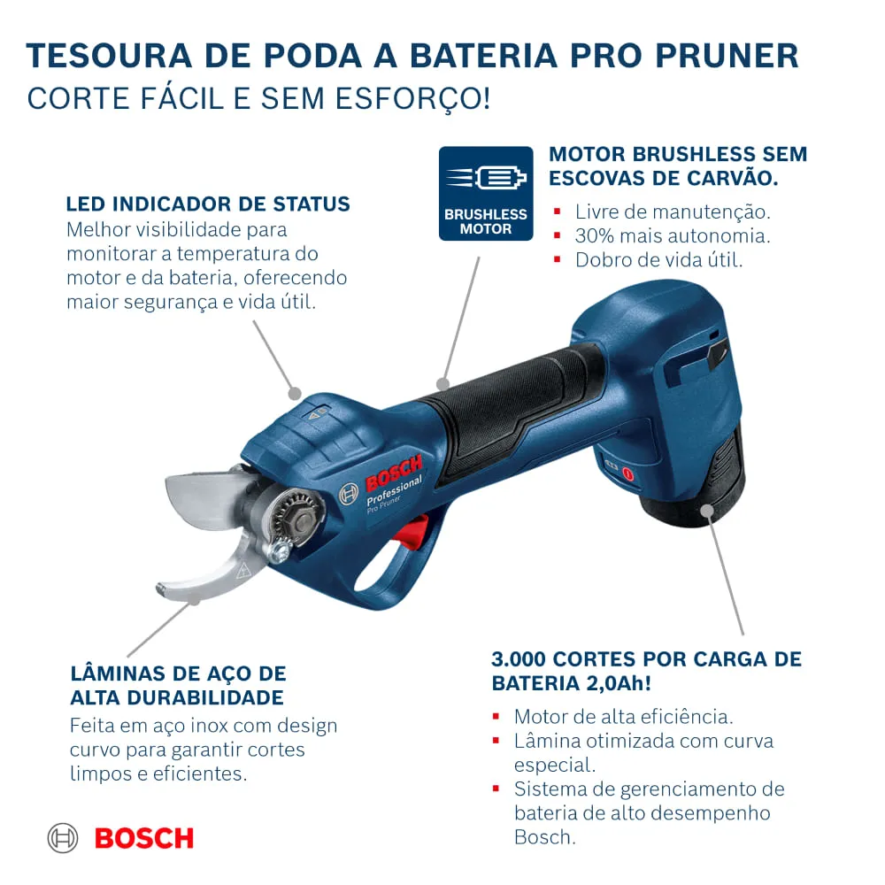 Tesoura de Poda Bosch Pro Pruner Brushless 12V 2 bat e maleta