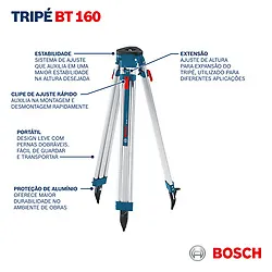 Tripé Bosch BT 160 Professional para nivelador, 1,6m